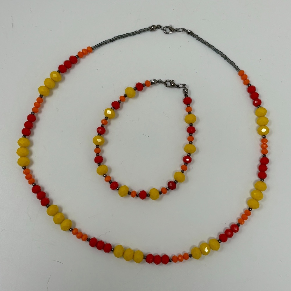 Handmade Beaded Necklace Bracelet Set Yellow Orange Coral Red Glass Beads Black